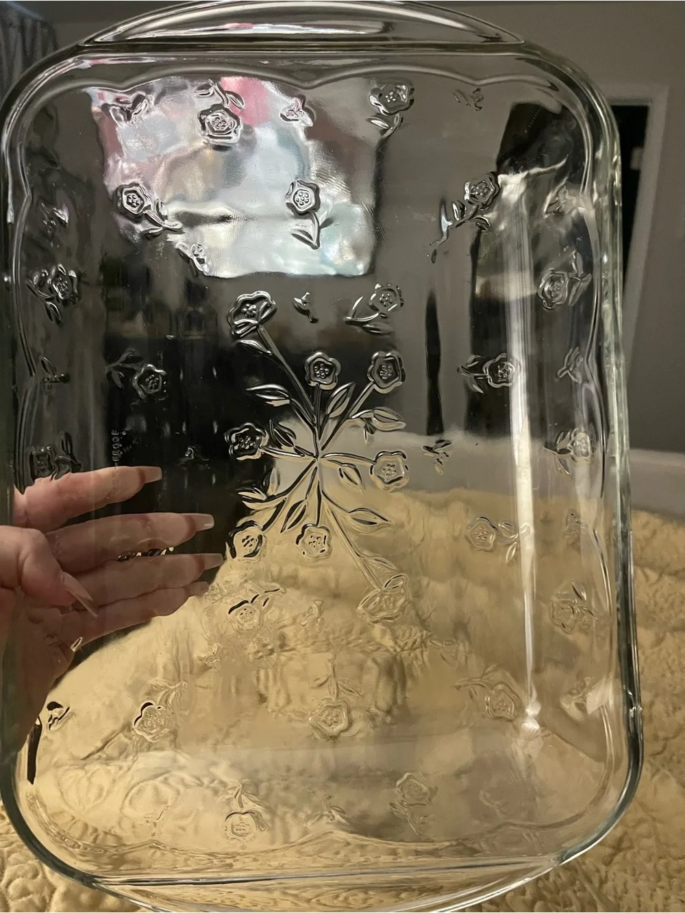 Vintage Embossed Glass Baking Dish with Floral Pattern